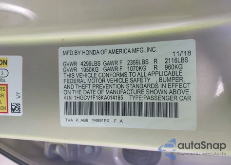 2019 Honda Accord Lx z USA, uszkodzony, nr VIN 1HGCV1F18KA014165